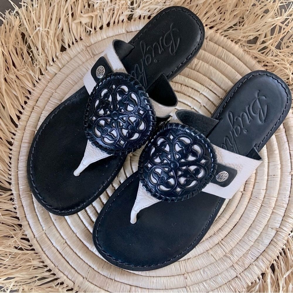 BRIGHTON Alexa Leather‎ Brazilian Toe Post Sandals Black White Women's 6.5